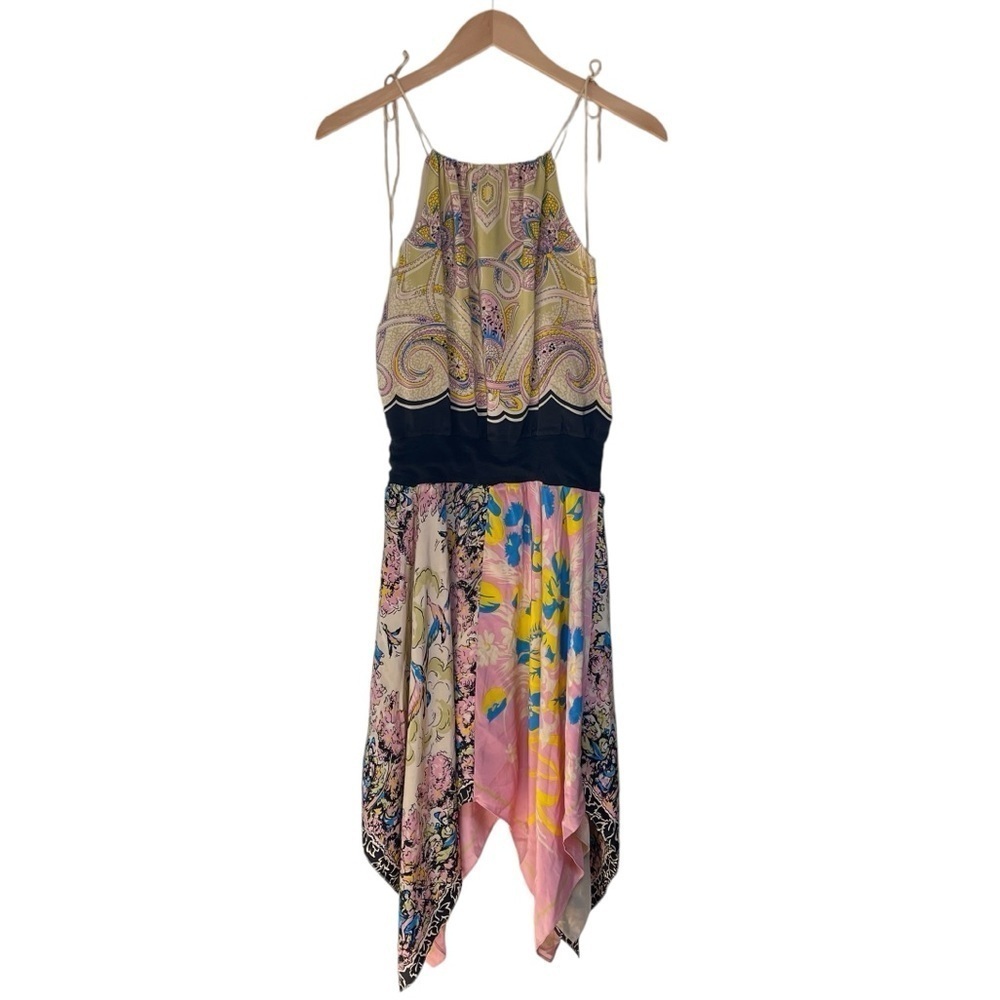 Vintage y2k Betsey Johnson Silk Mixed Print Handkerchief Midi Dress Size 4 - Picture 2 of 12